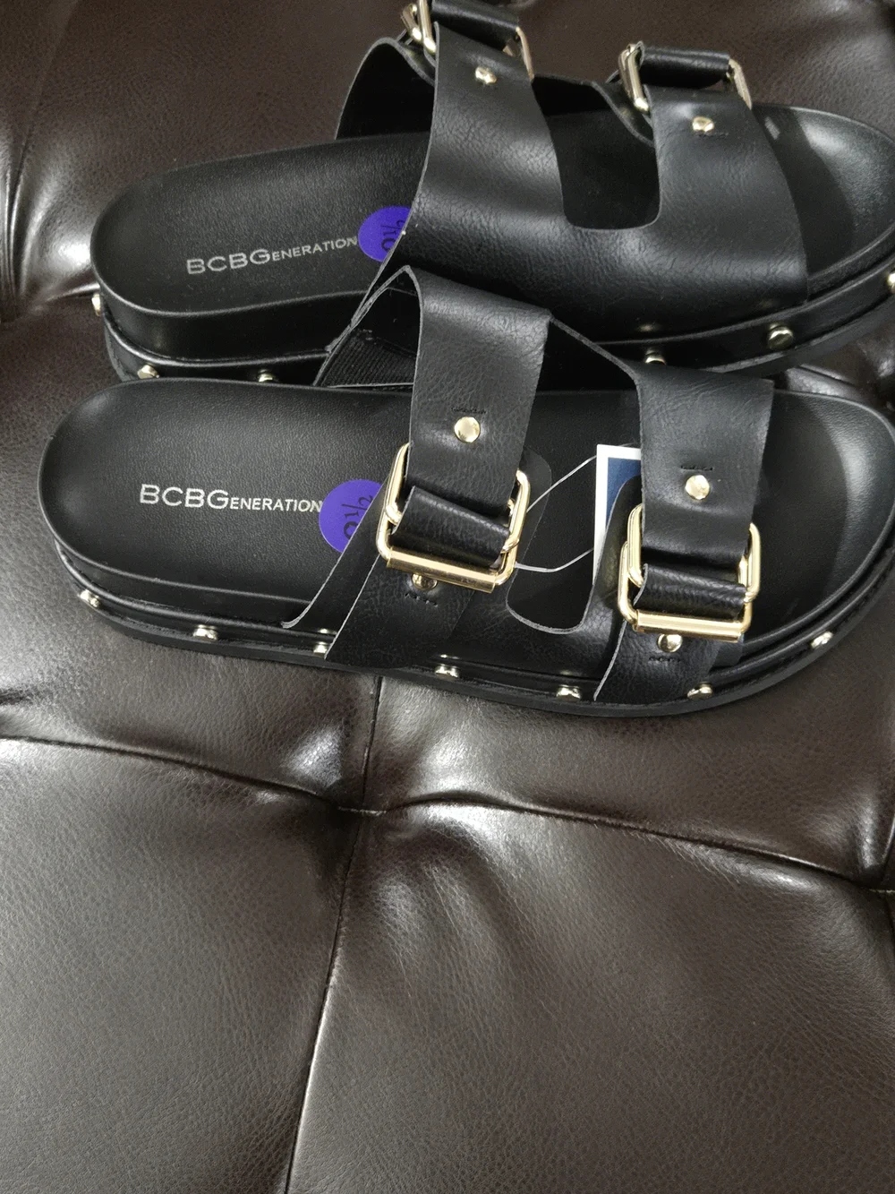 BCBGeneration Black Dual Buckle Slide Sandals with Gold Hardware